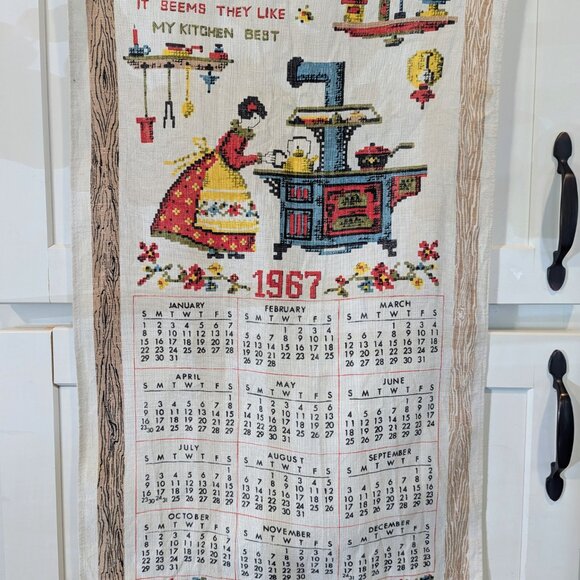 VTG Bundle Two Calendar Tea Towels 1967 1970 Birds Kitchen Graphics Linen Cotton - Picture 1 of 12